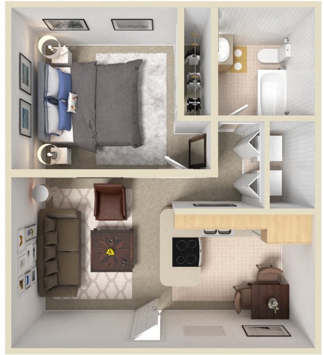 Floor plan for 1 bed, 1 bath, 750 sqft